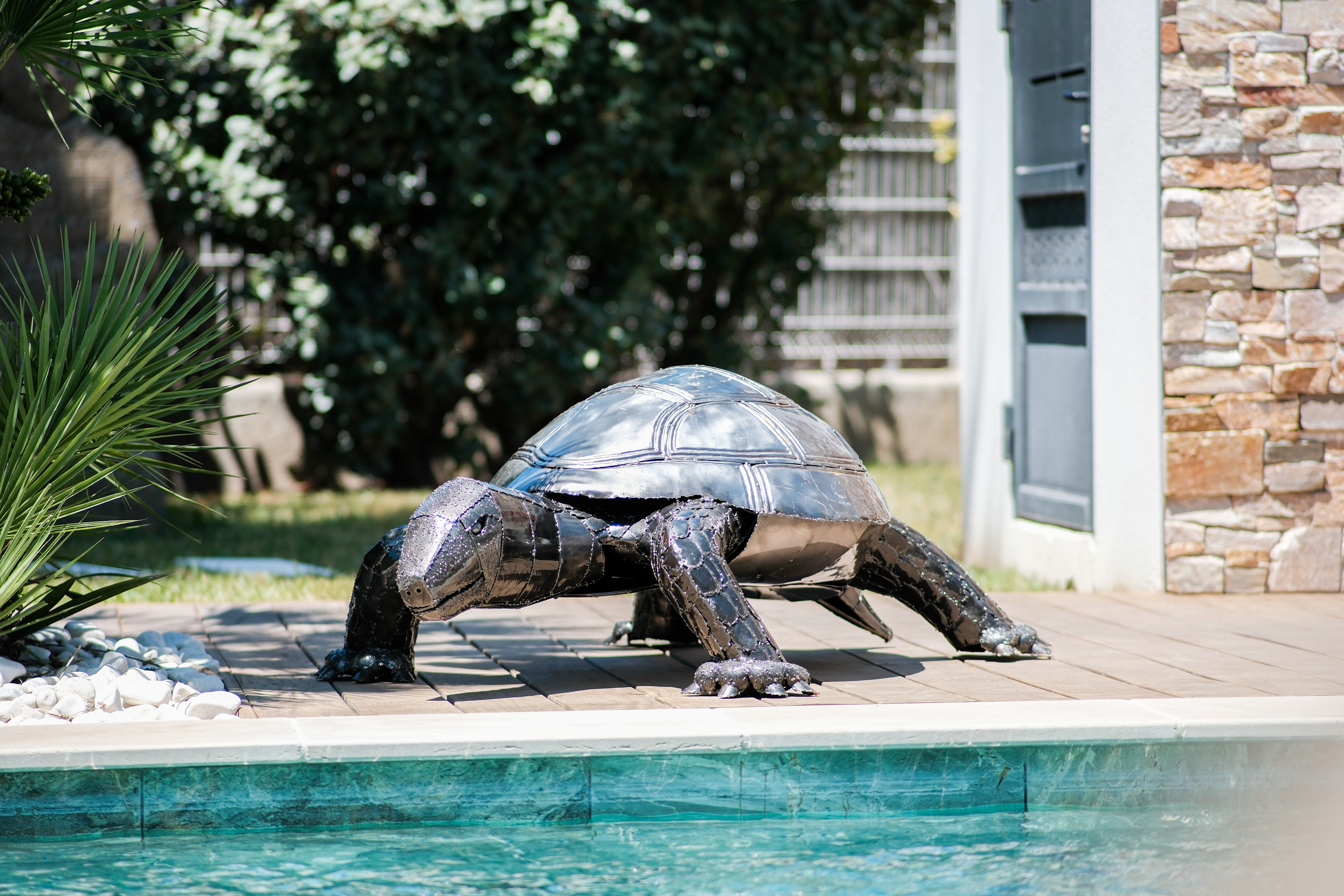 Tortue décorative en métal au bord d'une piscine